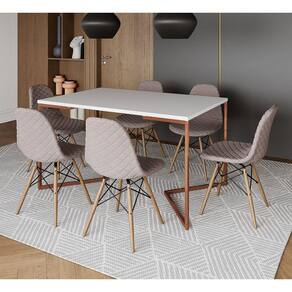 Mesa Jantar Industrial Branca Base V Cobre 137x90cm com 6 Cadeiras Madeira Estofadas Nude Médio