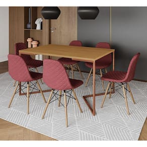 Mesa Jantar Industrial Canela Base V Cobre 137x90cm com 6 Cadeiras Madeira Estofadas Vermelhas