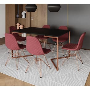 Mesa Jantar Industrial Preta Base V Cobre 137x90cm C/ 6 Cadeiras Estofadas Vermelhas Eames Cobre