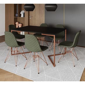 Mesa Jantar Industrial Preta Base V Cobre 137x90cm C/ 6 Cadeiras Estofadas Verdes Eames Cobre