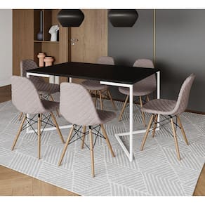 Mesa Jantar Industrial Preta Base V Aço Branco 137x90cm C/ 6 Cadeiras Madeira Estofadas Nude Médio