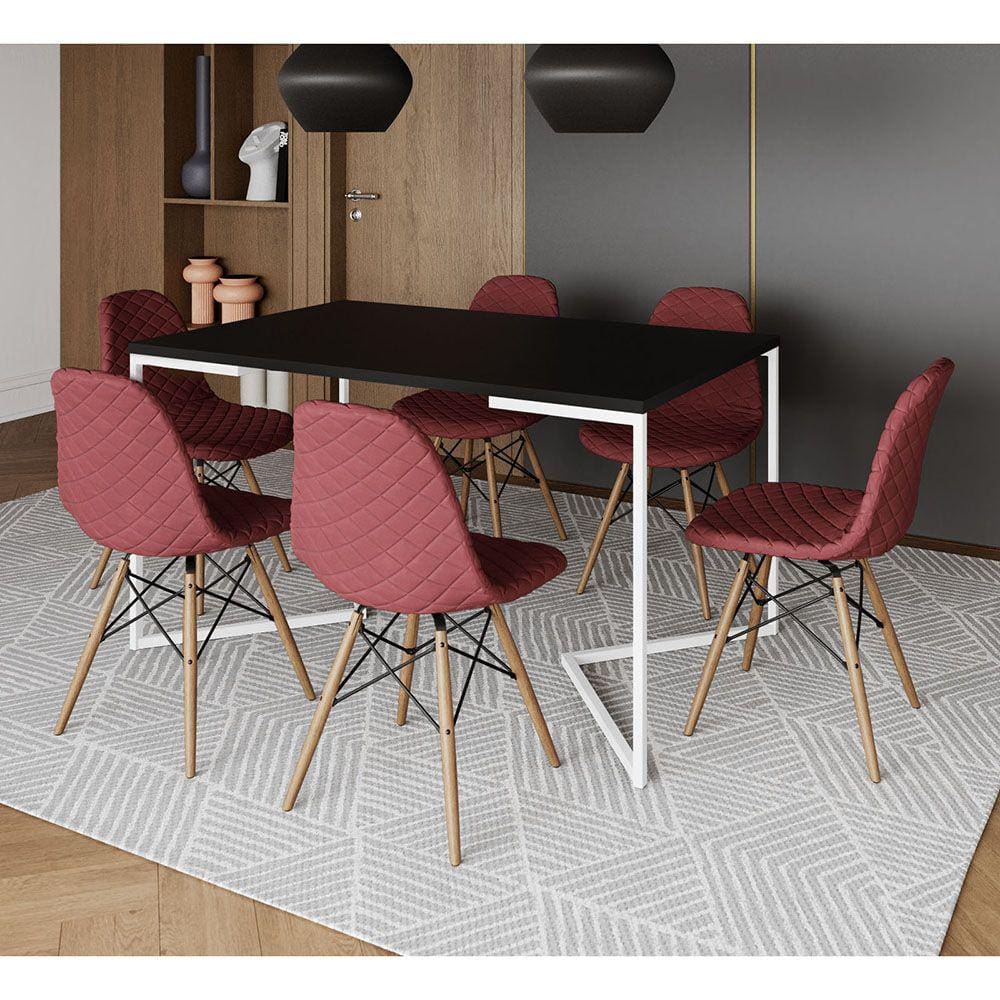 Mesa Jantar Industrial Preta Base V Aço Branco 137x90cm C/ 6 Cadeiras Madeira Estofadas Vermelhas
