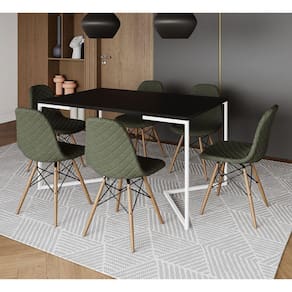 Mesa Jantar Industrial Preta Base V Aço Branco 137x90cm C/ 6 Cadeiras Madeira Estofadas Verdes