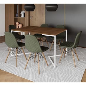 Mesa Jantar Industrial Amêndoa Base V Aço Branco 137x90cm 6 Cadeiras Madeira Estofadas Verdes