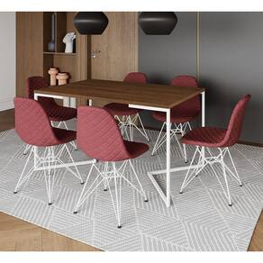Mesa Jantar Industrial Amêndoa Base V 137x90cm 6 Cadeiras Estofadas Eames Vermelhas Aço Branco