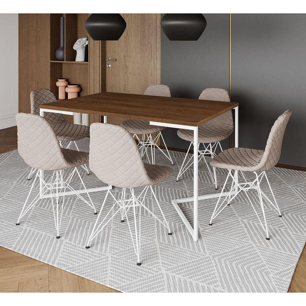 Mesa Jantar Industrial Amêndoa Base V 137x90cm 6 Cadeiras Estofadas Eames Nude Claro Aço Branco