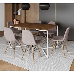 Mesa Jantar Industrial Amêndoa Base V Aço Branco 137x90cm 6 Cadeiras Madeira Estofadas Nude Médio