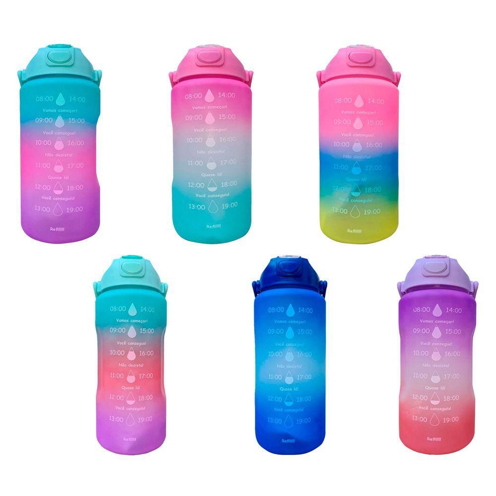 Garrafa Grande Motivacional De Água Academia Tie Dye 2000ml Adesivo e Bico Com Canudo