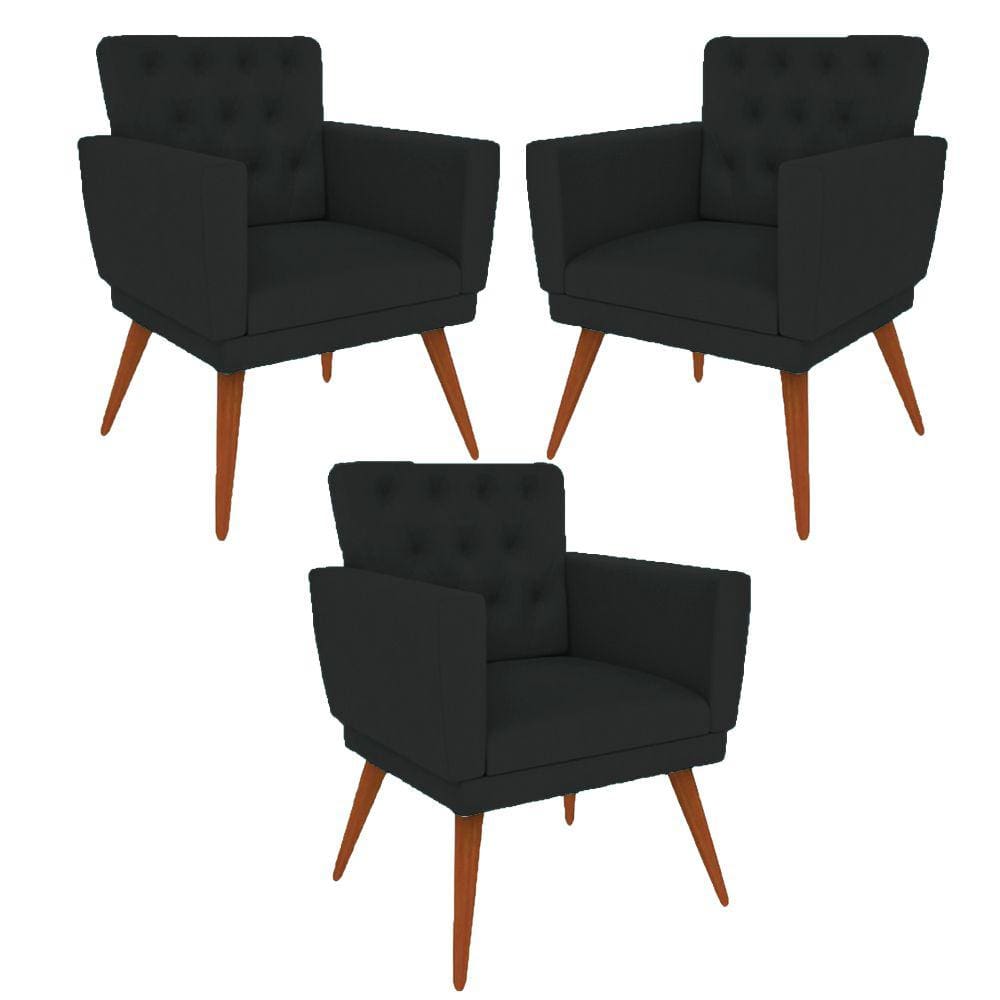 Kit 3 Poltronas Nina com Capitone - Preto