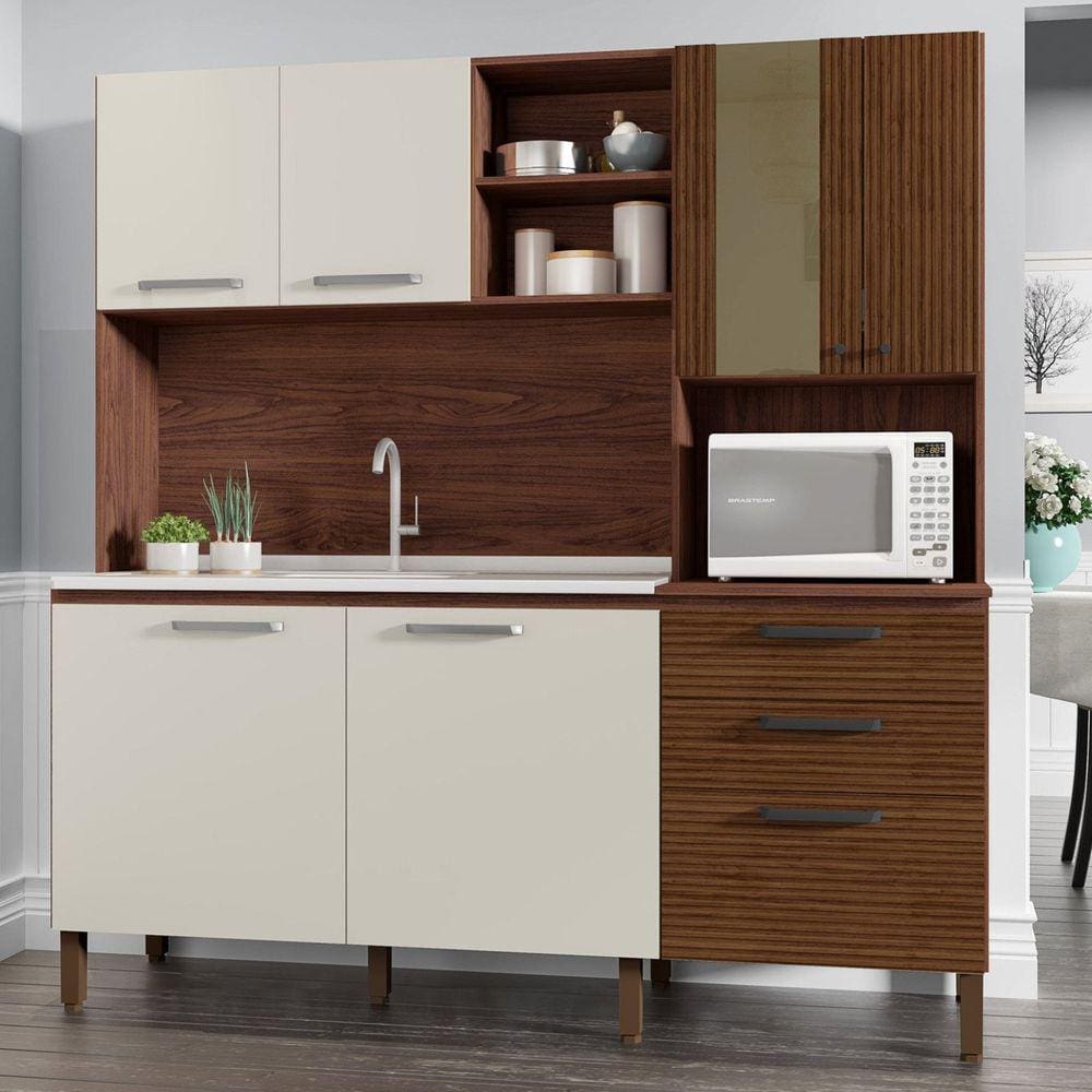 Armário de Cozinha 7 Portas 2 Gavetas Mega Kits Paraná Nogueira/Off White