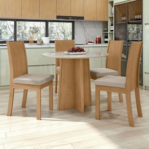 Conjunto Mesa Celebrare 100x100cm Tampo MDF 4 Cadeiras Athenas Móveis Lopas Amendoa Clean/Off White/Veludo Marromle Creme