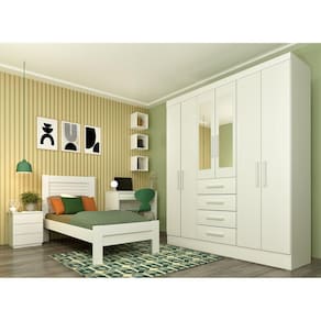 Guarda Roupa Casal com Espelho 6 Portas 4 Gavetas Arizona Neve