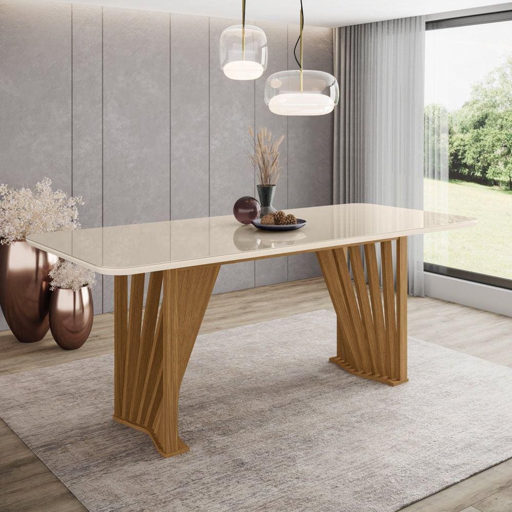 Mesa de Jantar 8 Lugares 200cm Tampo MDF com Vidro Canto Arredondado Adriana Off White/Marrom