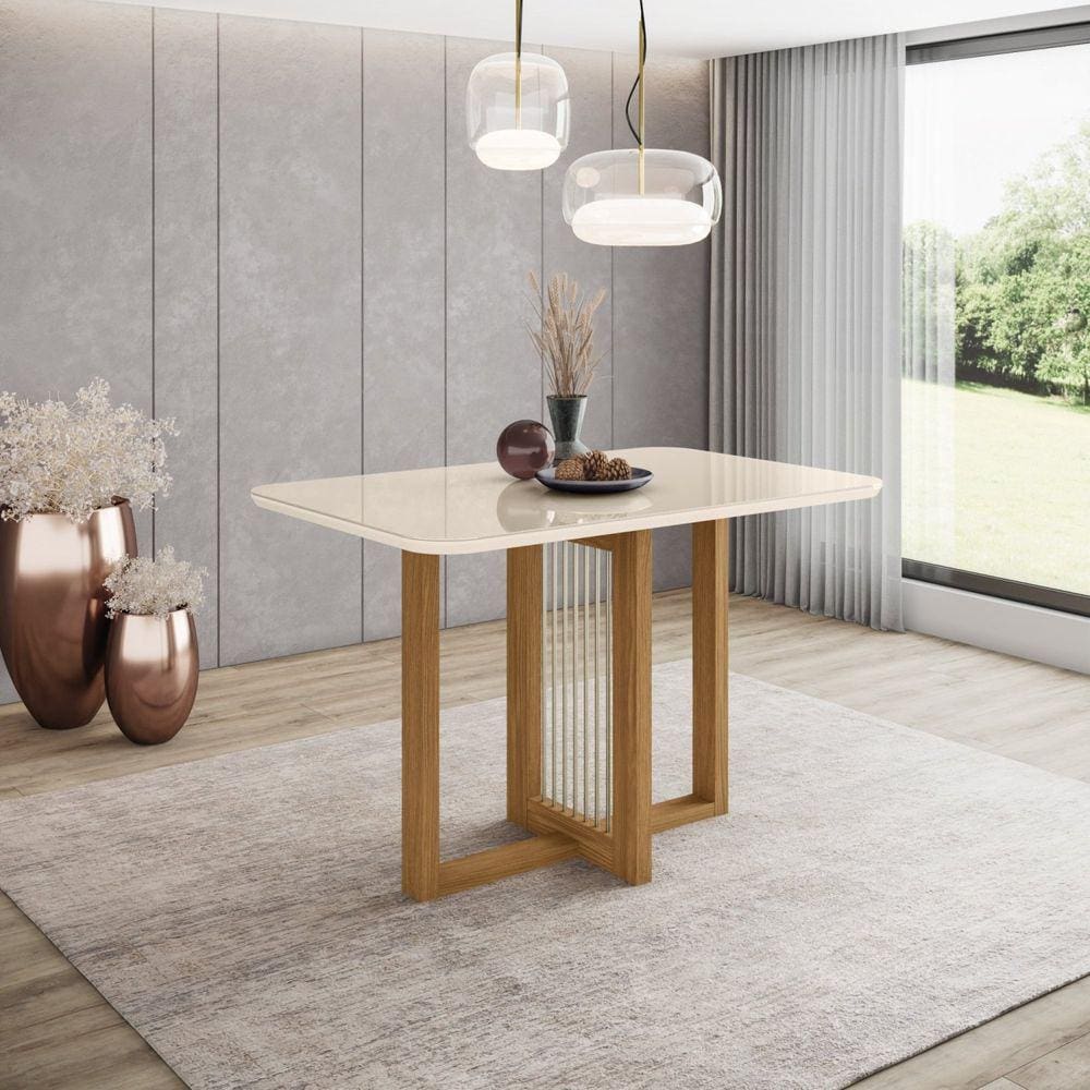 Mesa de Jantar 4 Lugares 120cm Tampo MDF com Vidro Canto Arredondado Natalí Marrom/Off White