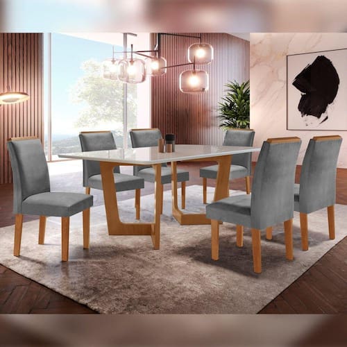 Conjunto Sala De Jantar Nápoles Tampo Vidro/MDF com 6 Cadeiras Luísa Smart Plus Cel Móveis Cinamomo/Off White/Cinza - Cinza