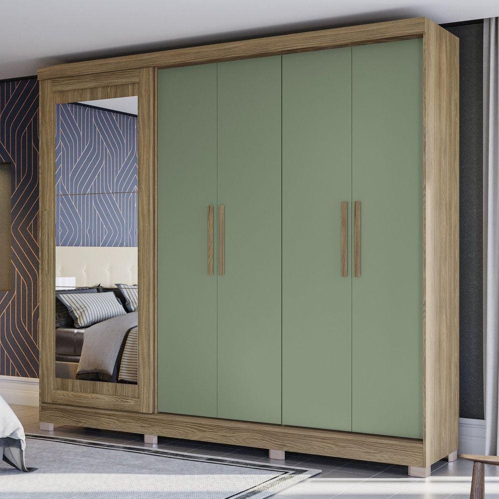 Guarda Roupa com Espelho e Pés 5 Portas 4 Gavetas Kappesberg Nogueira/Verde Oliva