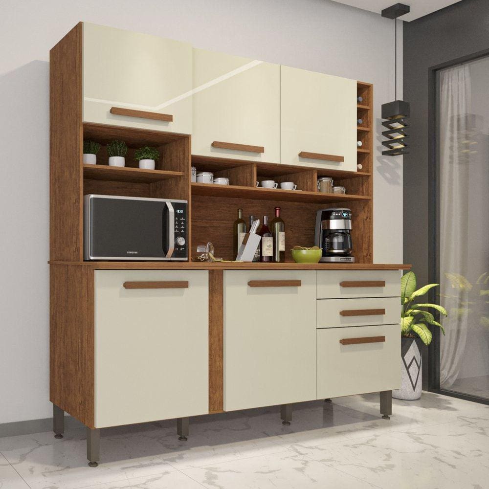 Armário para Cozinha 6 Portas 2 Gavetas Alexia IMOP Móveis Cinamomo/Off White