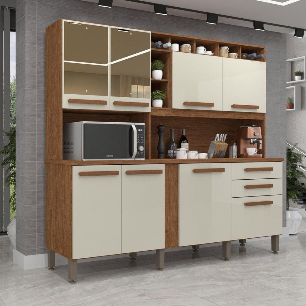 Armário para Cozinha Espelhado 8 Portas 2 Gavetas Antonela IMOP Móveis Cinamomo/Off White
