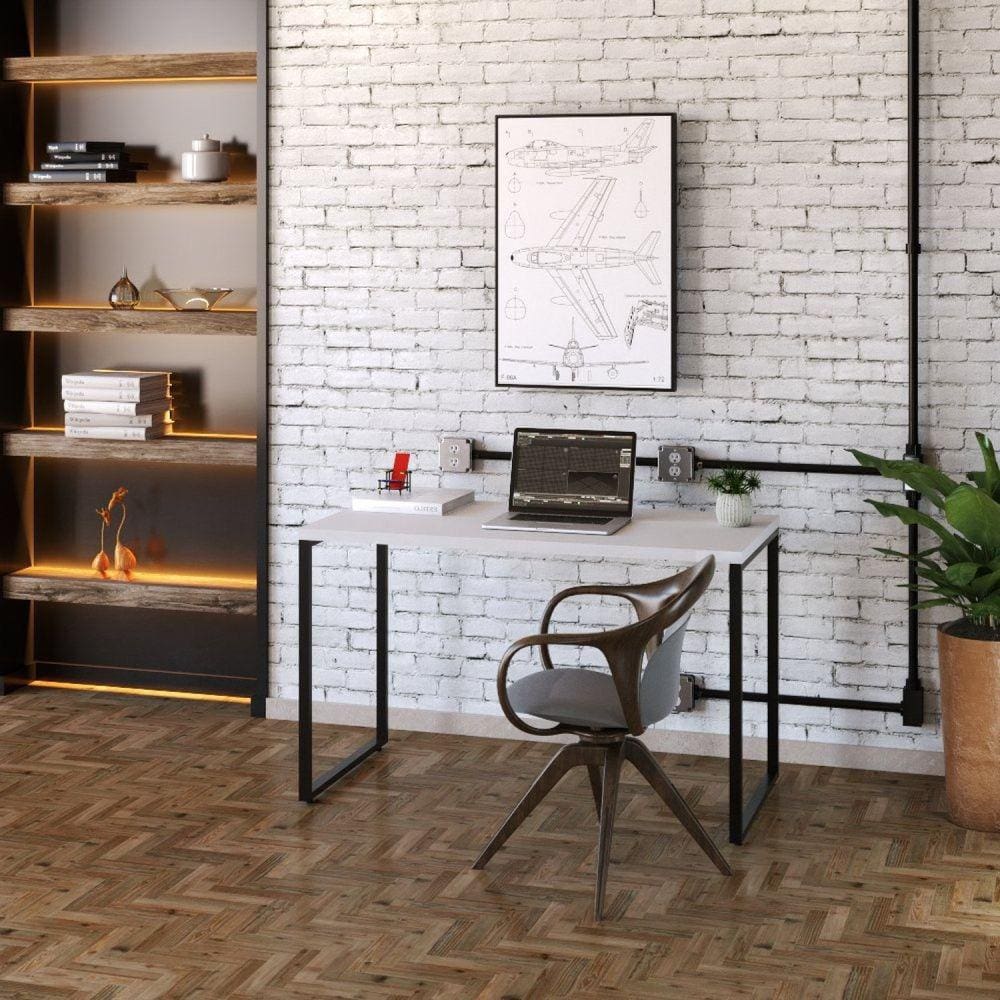 Mesa para Escritório Office Estilo Industrial 120cm Kuadra Compace Branco Chess