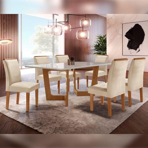 Conjunto Sala De Jantar Nápoles Tampo Vidro/MDF com 6 Cadeiras Luísa Smart Plus Cel Móveis Cinamomo/Off White/Bege - Bege