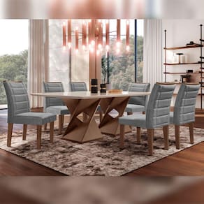 Conjunto Sala De Jantar Genova Tampo Vidro/MDF com 6 Cadeiras Genova Smart Plus Cel Móveis Chocolate/Off White/Cinza