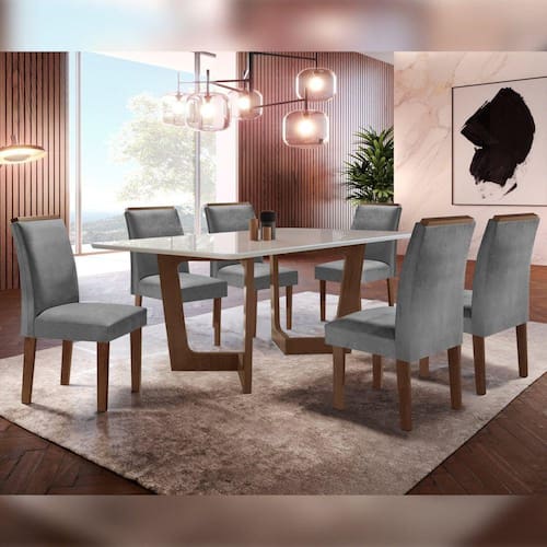 Conjunto Sala De Jantar Nápoles Tampo Vidro/MDF com 6 Cadeiras Luísa Smart Plus Cel Móveis Chocolate/Off White/Cinza