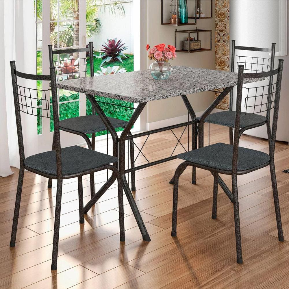 Conjunto Mesa Brasília 110cm 4 Cadeiras New Lisboa Fabone Móveis Preto/Prata