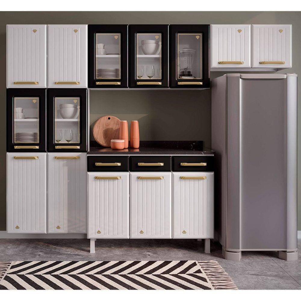 Cozinha de Aço 4 Peças 14 Portas 5 Vidros 3 Gavetas Diamante Telasul Branco/Preto