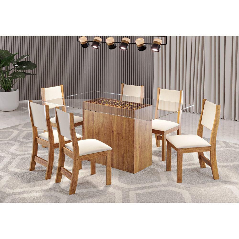 Conjunto Sala de Jantar Mesa Hamburgo Tampo Vidro com 6 Cadeiras Sol Viero Mel/Creme
