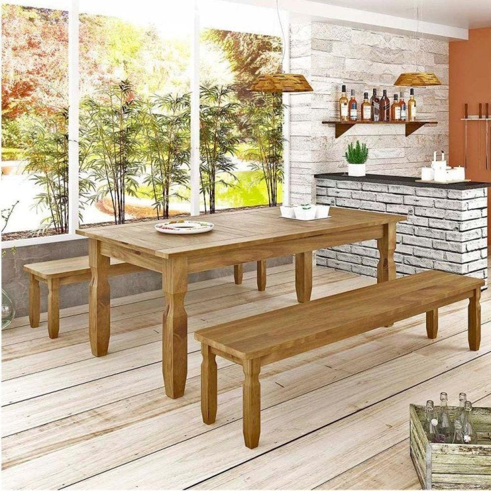 Conjunto Mesa 1,82m e 2 Bancos Rústico Corona Ideal P/ Area Externa Madeira Maciça DEISS Marrom