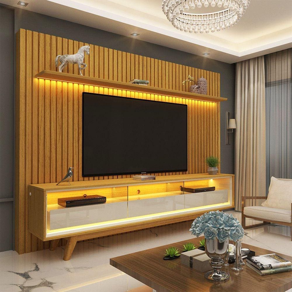 Rack com Painel para TV até 85 Polegadas LED 3 Gavetas com Pés Nobre Clean Gelius Móveis Marromle/Off White