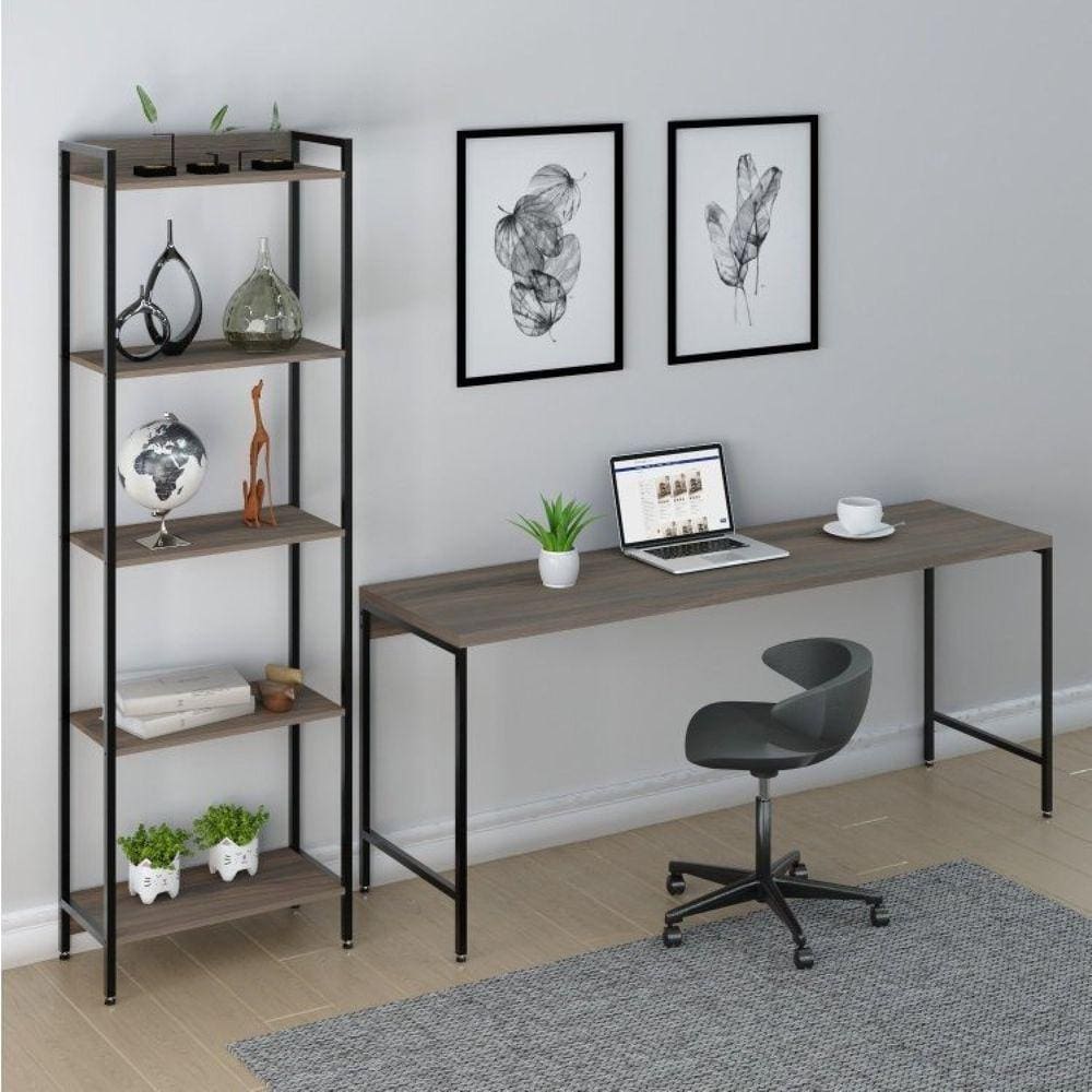 Conjunto Escritório 2 Peças Mesa Diretor Industrial 180cm e Estante 5 Prateleiras Compace Nogal