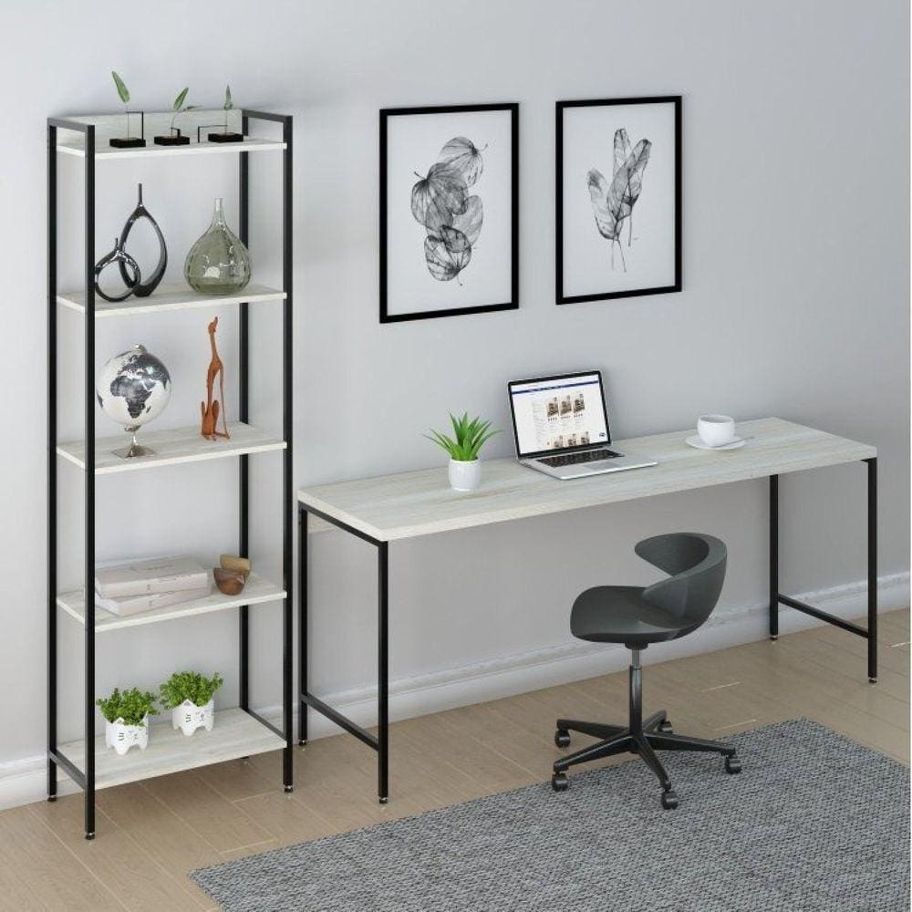 Conjunto Escritório 2 Peças Mesa Diretor Industrial 180cm e Estante 5 Prateleiras Compace Snow