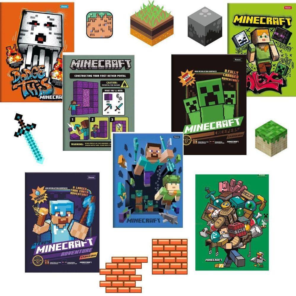 Kit Caderno Brochurão 80Fls E Desenho Espiral Minecraft no Shoptime