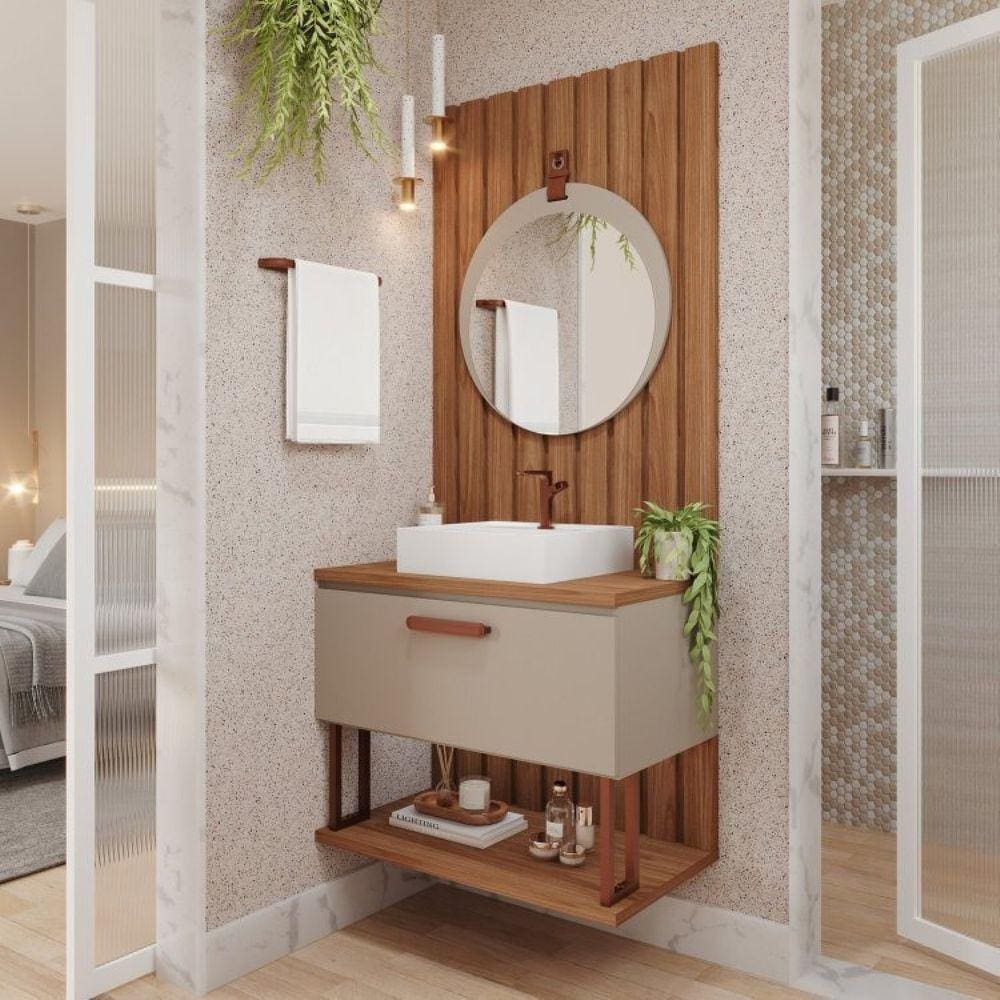 Gabinete para Banheiro 60cm com Espelheira e Painel Mari Espresso Móveis Cappuccino