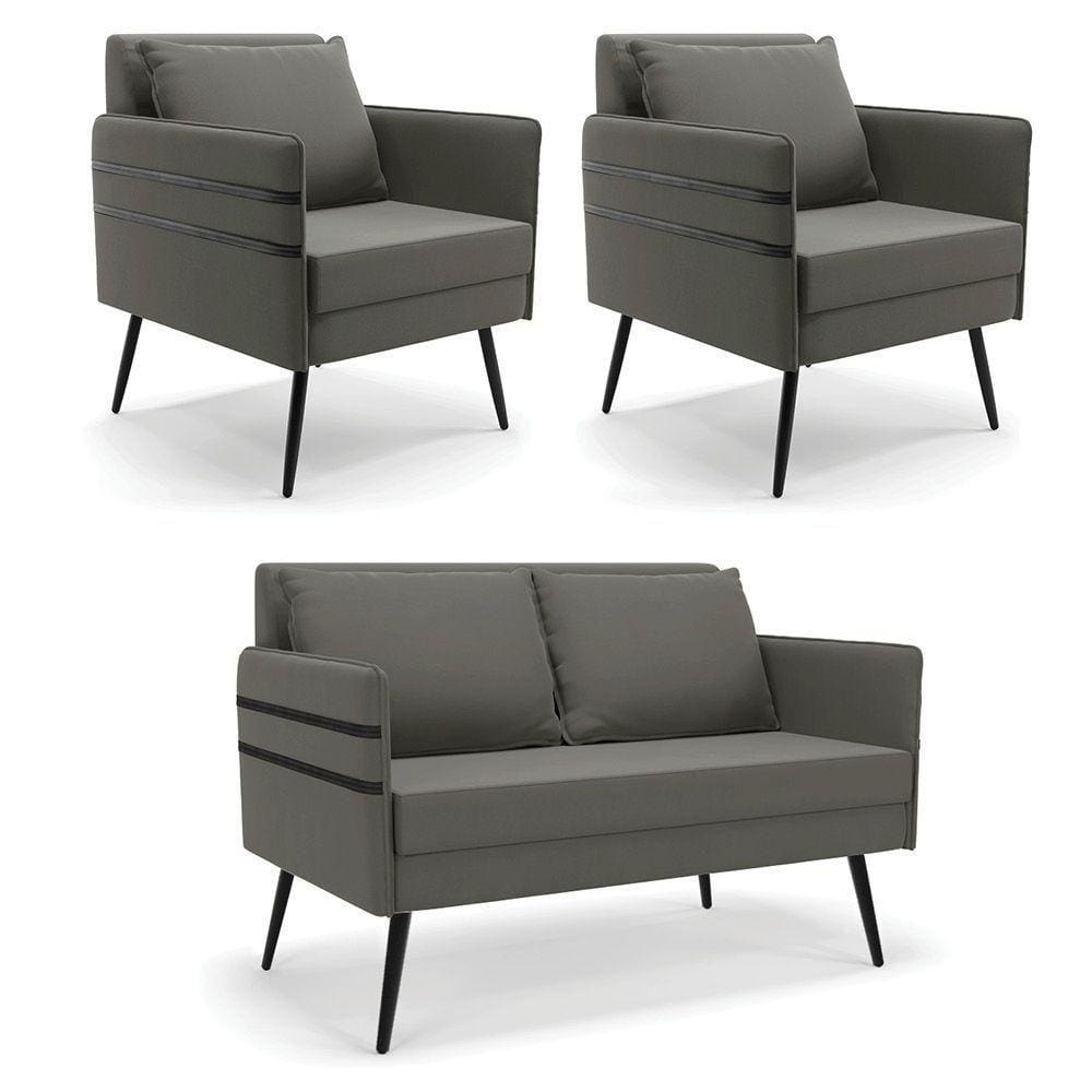 Kit 01 Namoradeira E 02 Poltronas Suede Grafite