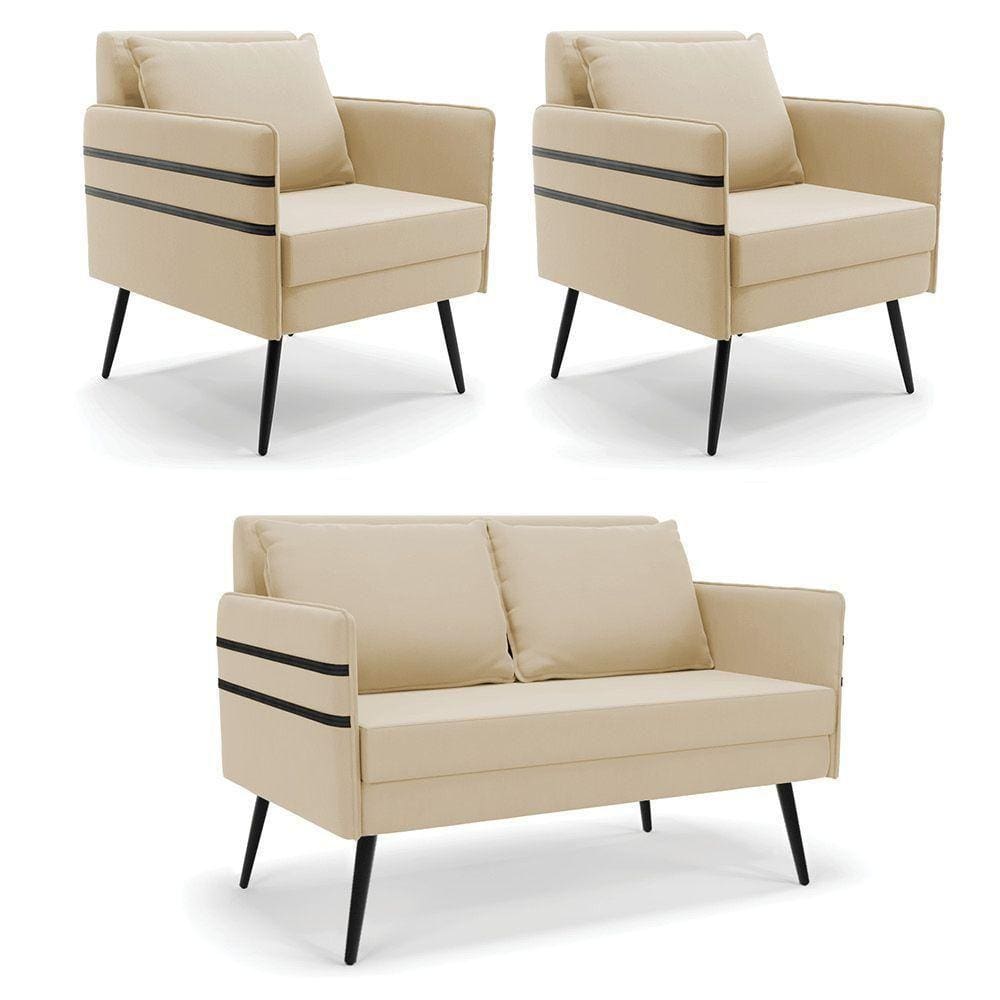 Kit 01 Namoradeira E 02 Poltronas Suede Bege