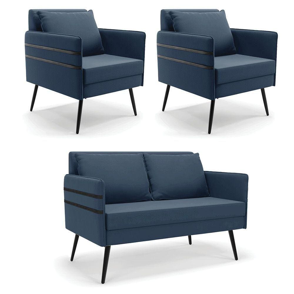 Kit 01 Namoradeira E 02 Poltronas Suede Azulnho