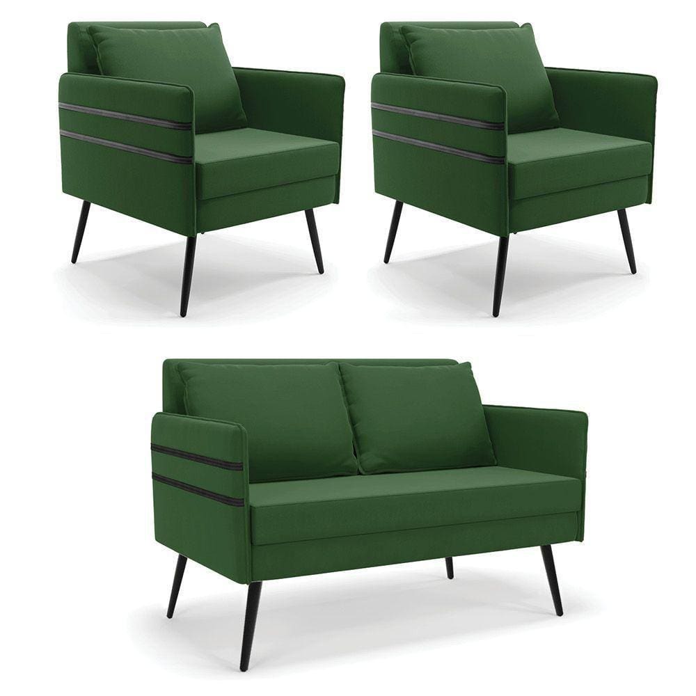 Kit 01 Namoradeira E 02 Poltronas Suede Verde