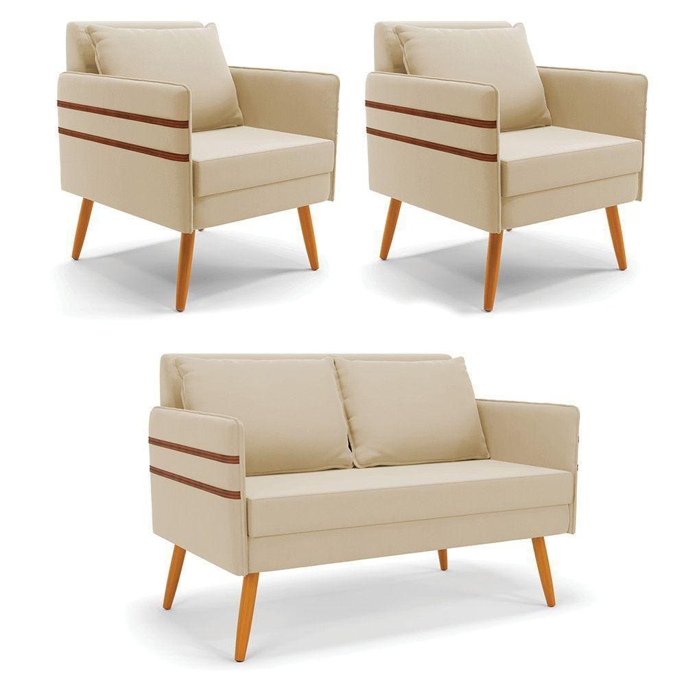 Kit 01 Namoradeira E 02 Poltronas Suede Bege Castanho