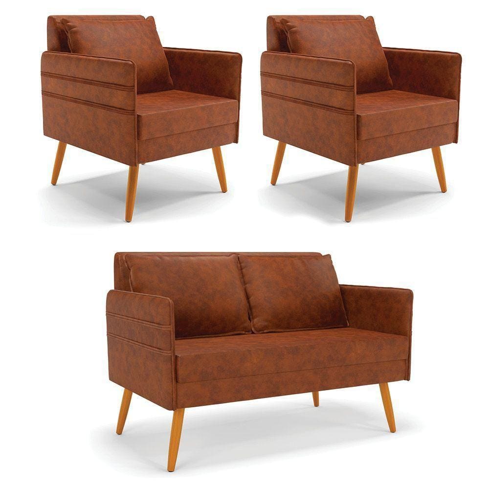 Kit 01 Namoradeira E 02 Poltronas Corano Nozes Castanho