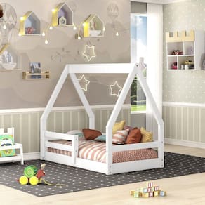 Mini Cama Montessoriano Cabaninha com Grade em Madeira Maciça Casatema Branco