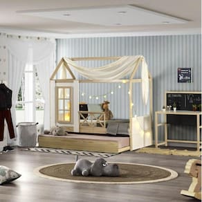Bicama Solteiro Infantil Reversível com Grade e Janela Casinha Garden Casatema Marroml/Branco