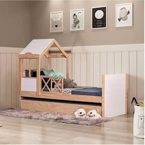 Bicama Solteiro Infantil Garden com Telhado Plus Casatema Marroml/Branco