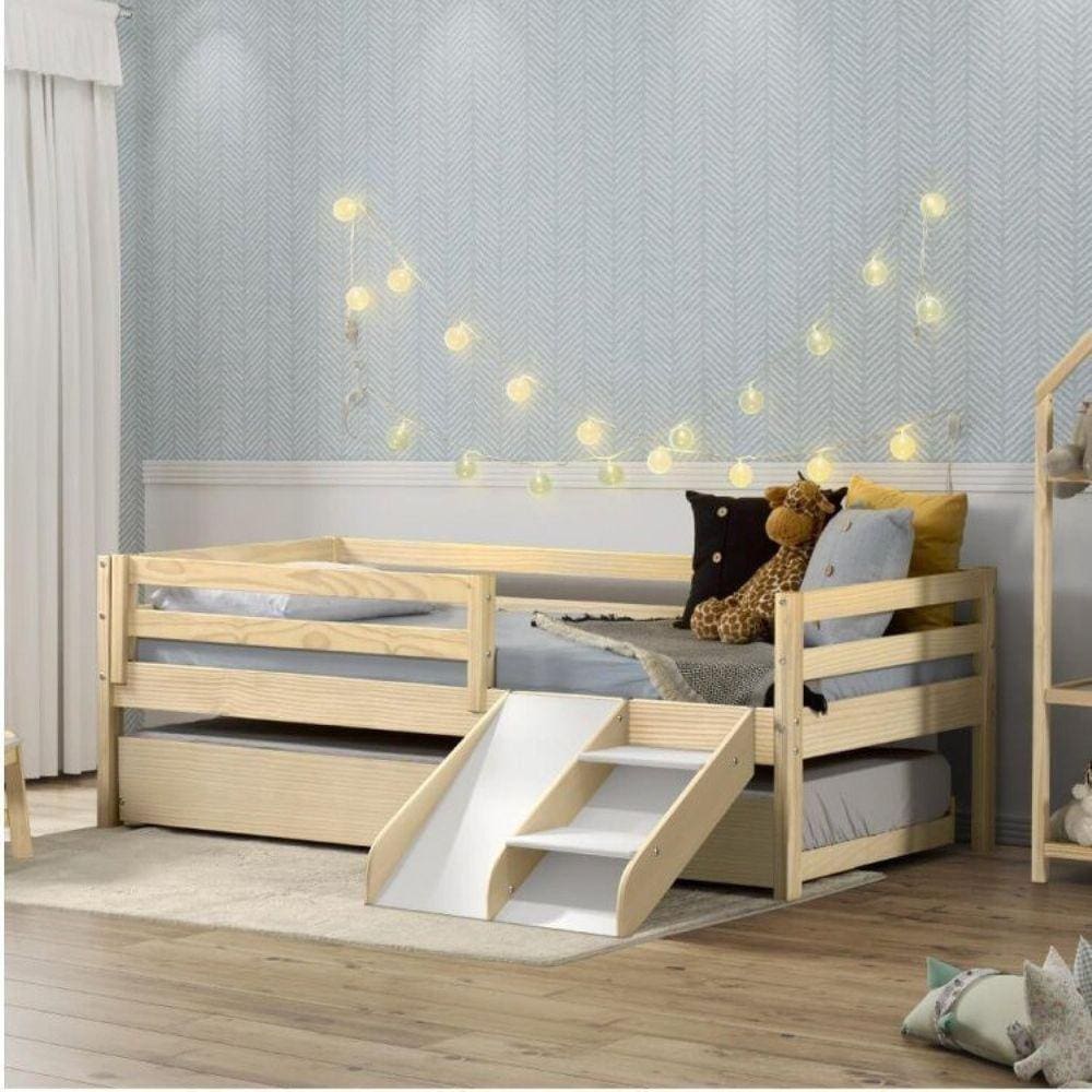 Bicama Solteiro Infantil Prime e Kit Escadinha com Escorrega Casatema Marroml/Branco