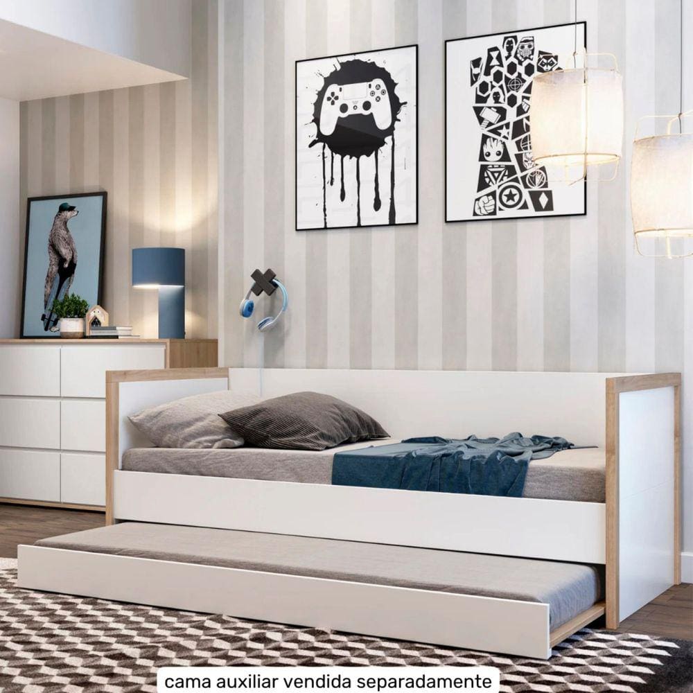 Cama Solteiro com Encosto Estilo Sofá Divicar Móveis Branco Com Carvalho Treviso