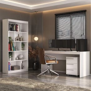 Escrivaninha 150cm com Gaveteiro 3 Gavetas e Estante 4 Prateleiras Nichos Espresso Móveis Branco