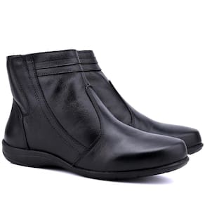 Bota Feminina Cano Curto Couro Bico Redondo Zíper Casual