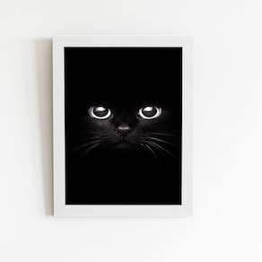 Gato Preto Minimalista Quadro Moldura Branca 60x40cm
