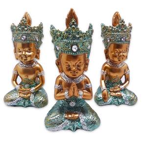 Trio de Buda Tailandês da Prosperidade Gold Azul 12cm